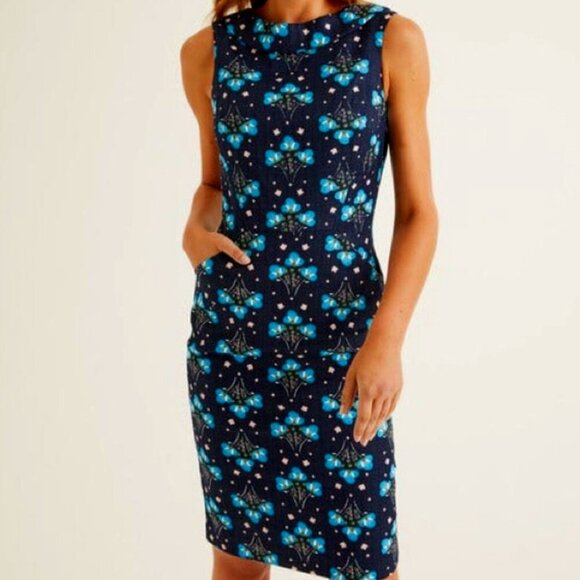 Boden Martha Navy & Blue Floral Sleeveless Roll Collar Sheath Pencil Dress 14 - Picture 2 of 11